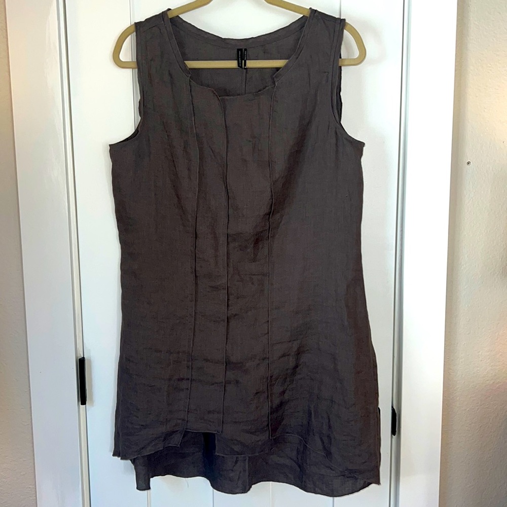 Stella Carakasi 100% Linen Hi Lo Sleeveless Dress Brown Size M Artsy Chic